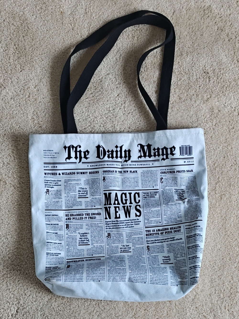 The Daily Mage 'Magic News' Newspaper Print Tote Bag - White & Black